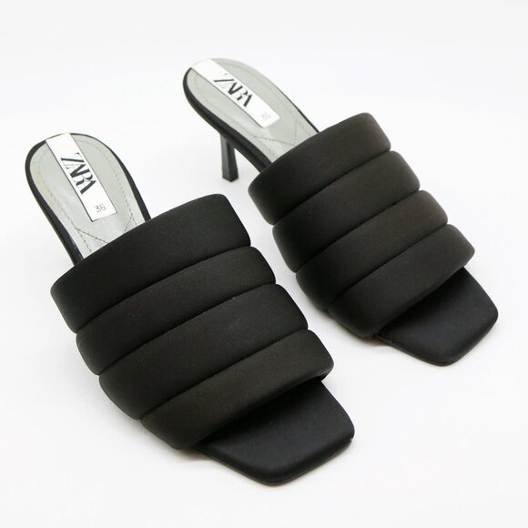 Zara Padded Quilted Slip On Slide Heel Mules Sandals 36 Black Square Toe Comfy - Picture 7 of 16